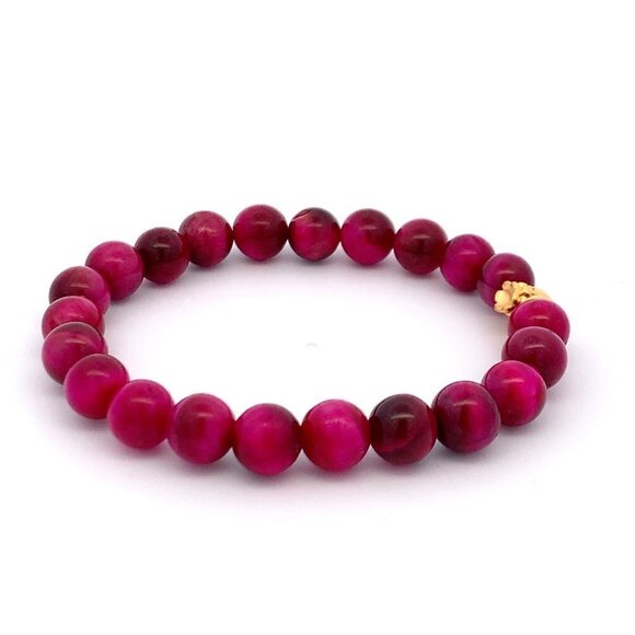 Dyed Tiger's Eye Magenta Stretchable Bracelet Size 6 with 24K Gold Money Bag - Picture 8 of 8